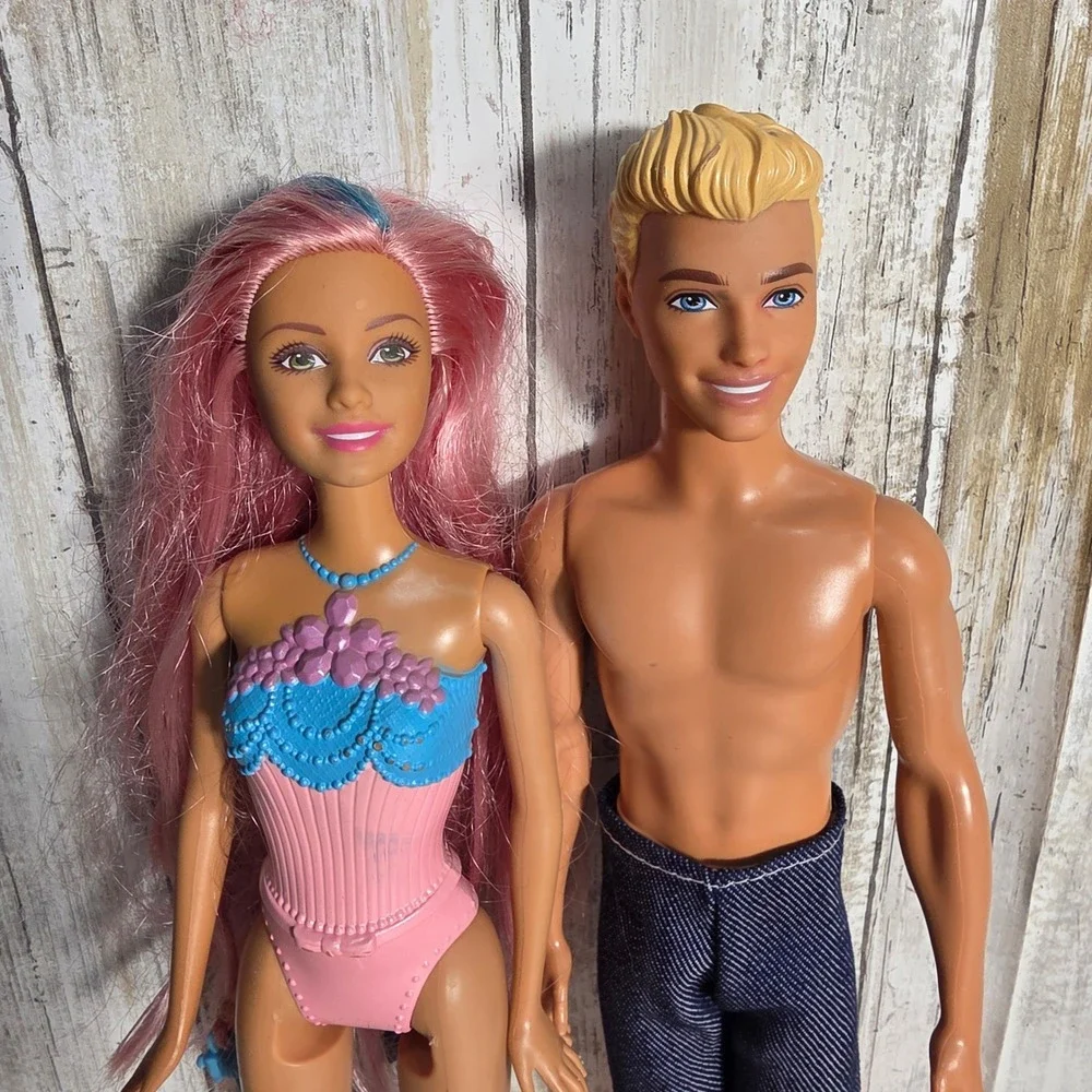 Mattel Barbie and Ken Doll Set Pink Hair Mermaid Bodice & Denim Trunks HJT10